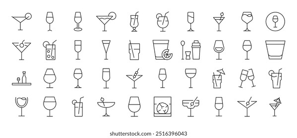 Drinks Outline Simple Icons Bundle. Contains Icons of Glasses of Cocktail, Champaign and Other that Can Be Used for Design of Cards, Posts, Apps, Web Sites
