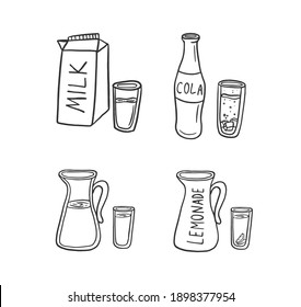 Drinks package set, vector illustration isolated on white background. Plastic glass bottle and carton pack. Milk, Lemonade, Cola, Water, Jar.