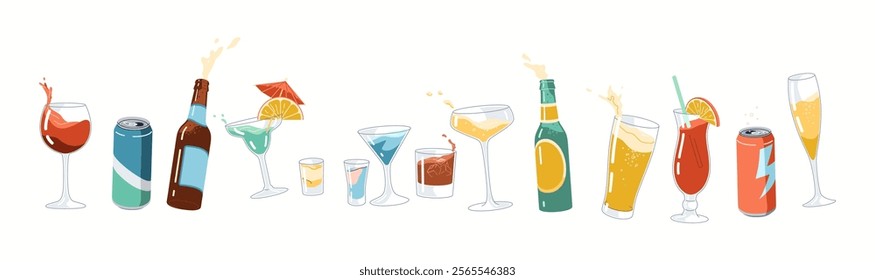 Drinks for party assortment flat color vector objects set. Glasses bottles and tin cans with beverages illustrations pack on white background