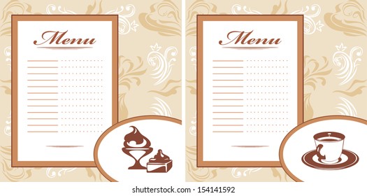 Drinks, pastry and ice cream. Menu card template. Vector