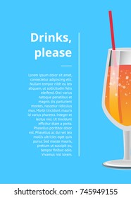 Drinks please poster with lemonade cocktail in glass with straw vector illustration isolated on blue with place for text, orange cocktail with bubbles