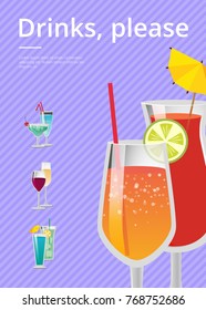 Drinks please poster with lemonade cocktails in glasses with straw vector illustration isolated on blue and menu list of different beverages