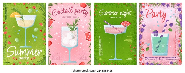 Drinks posters. Juice cover templates, summer party on pool or beach with fresh beverages. Healthy lifestyle, swanky creative menu vector cards