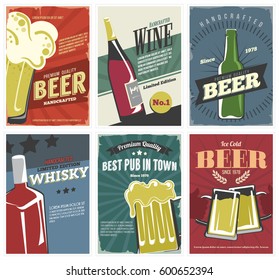 Drinks Posters set in retro style. Vintage labels collection for bar, pub, cafe and more.  With beer, whiskey, wine.  Vector illustration. Isolated.
