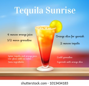 Drinks realistic background with cocktail glass with ice lemon slice and alcoholic drink with recipe text vector illustration