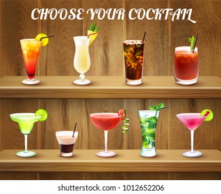 Drinks realistic composition with two shelves and various cocktail glasses of different shape and colour ingredients vector illustration