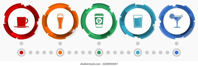Drinks, restaurant concept vector icon set, flat design web buttons, colorful infographic template