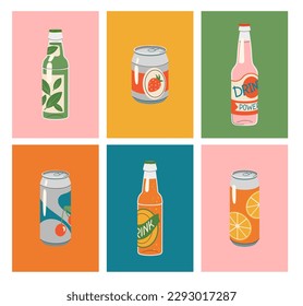 Drinks retro posters set. Collection of refreshing cold drinks in cans and glass bottles. Soda or juice. Advertising and marketing. Cartoon flat vector illustrations isolated on white background