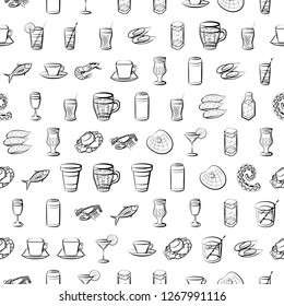 Drinks and Seafood set. Background for printing, design, web. Usable as icons. Seamless. Monochrome binary, black and white.