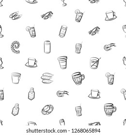 Drinks and Seafood set. Background for printing, design, web. Usable as icons. Seamless. Monochrome binary, black and white.