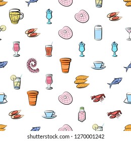 Drinks and Seafood set. Background for printing, design, web. Usable as icons. Seamless. Colored.