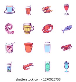 Drinks and Seafood set. Background for printing, design, web. Usable as icons. Seamless. Colored.