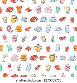 Drinks and Seafood set. Background for printing, design, web. Usable as icons. Seamless. Colored.
