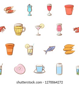 Drinks and Seafood set. Background for printing, design, web. Usable as icons. Seamless. Colored.