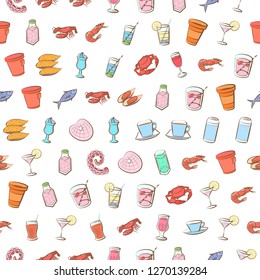 Drinks and Seafood set. Background for printing, design, web. Usable as icons. Seamless. Colored.