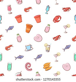 Drinks and Seafood set. Background for printing, design, web. Usable as icons. Seamless. Colored.