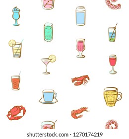 Drinks and Seafood set. Background for printing, design, web. Usable as icons. Seamless. Colored.
