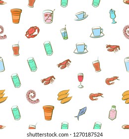 Drinks and Seafood set. Background for printing, design, web. Usable as icons. Seamless. Colored.