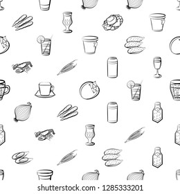 Drinks, Seafood and Vegetables set. Background for printing, design, web. Usable as icons. Seamless. Monochrome binary, black and white.