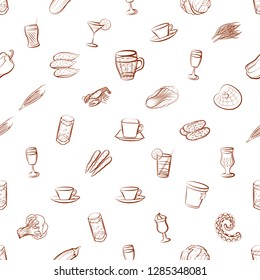 Drinks, Seafood and Vegetables set. Background for printing, design, web. Usable as icons. Seamless. Binary color.