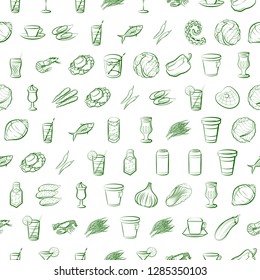 Drinks, Seafood and Vegetables set. Background for printing, design, web. Usable as icons. Seamless. Binary color.