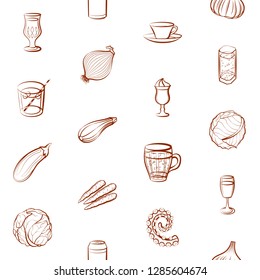 Drinks, Seafood and Vegetables set. Background for printing, design, web. Usable as icons. Seamless. Binary color.