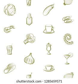 Drinks, Seafood and Vegetables set. Background for printing, design, web. Usable as icons. Seamless. Binary color.