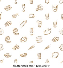 Drinks, Seafood and Vegetables set. Background for printing, design, web. Usable as icons. Seamless. Binary color.