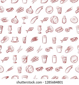 Drinks, Seafood and Vegetables set. Background for printing, design, web. Usable as icons. Seamless. Binary color.