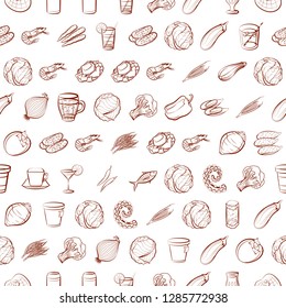 Drinks, Seafood and Vegetables set. Background for printing, design, web. Usable as icons. Seamless. Binary color.