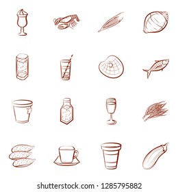 Drinks, Seafood and Vegetables set. Background for printing, design, web. Usable as icons. Binary color.