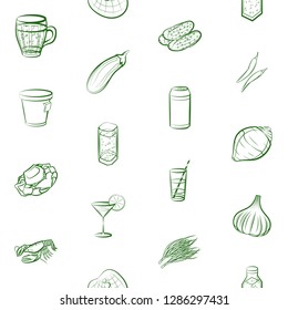 Drinks, Seafood and Vegetables set. Background for printing, design, web. Usable as icons. Seamless. Binary color.