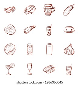 Drinks, Seafood and Vegetables set. Background for printing, design, web. Usable as icons. Binary color.