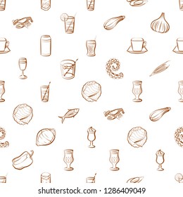Drinks, Seafood and Vegetables set. Background for printing, design, web. Usable as icons. Seamless. Binary color.