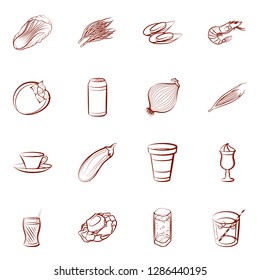 Drinks, Seafood and Vegetables set. Background for printing, design, web. Usable as icons. Binary color.