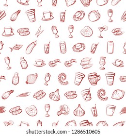 Drinks, Seafood and Vegetables set. Background for printing, design, web. Usable as icons. Seamless. Binary color.
