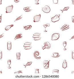 Drinks, Seafood and Vegetables set. Background for printing, design, web. Usable as icons. Seamless. Binary color.