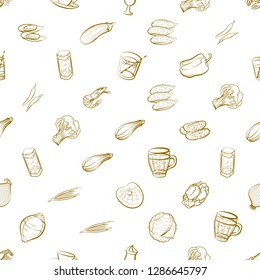 Drinks, Seafood and Vegetables set. Background for printing, design, web. Usable as icons. Seamless. Binary color.