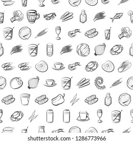 Drinks, Seafood and Vegetables set. Background for printing, design, web. Usable as icons. Seamless. Monochrome binary, black and white.