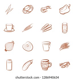 Drinks, Seafood and Vegetables set. Background for printing, design, web. Usable as icons. Binary color.