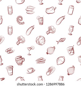 Drinks, Seafood and Vegetables set. Background for printing, design, web. Usable as icons. Seamless. Binary color.