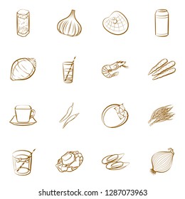 Drinks, Seafood and Vegetables set. Background for printing, design, web. Usable as icons. Binary color.
