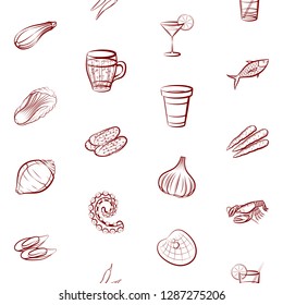 Drinks, Seafood and Vegetables set. Background for printing, design, web. Usable as icons. Seamless. Binary color.