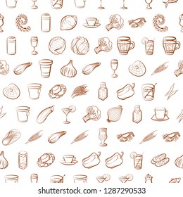 Drinks, Seafood and Vegetables set. Background for printing, design, web. Usable as icons. Seamless. Binary color.