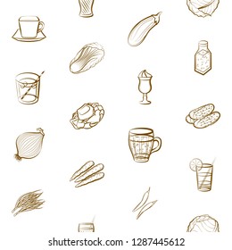 Drinks, Seafood and Vegetables set. Background for printing, design, web. Usable as icons. Seamless. Binary color.