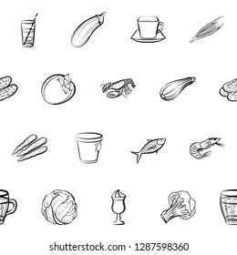 Drinks, Seafood and Vegetables set. Background for printing, design, web. Usable as icons. Seamless. Monochrome binary, black and white.