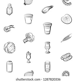Drinks, Seafood and Vegetables set. Background for printing, design, web. Usable as icons. Seamless. Monochrome binary, black and white.