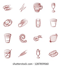 Drinks, Seafood and Vegetables set. Background for printing, design, web. Usable as icons. Binary color.