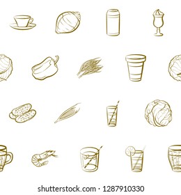 Drinks, Seafood and Vegetables set. Background for printing, design, web. Usable as icons. Seamless. Binary color.