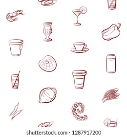 Drinks, Seafood and Vegetables set. Background for printing, design, web. Usable as icons. Seamless. Binary color.